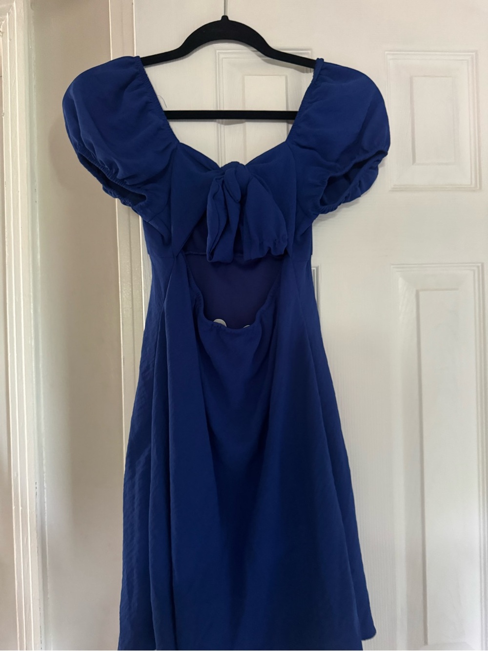 Blue Puff-Sleeve Midi Dress with Front Knot
